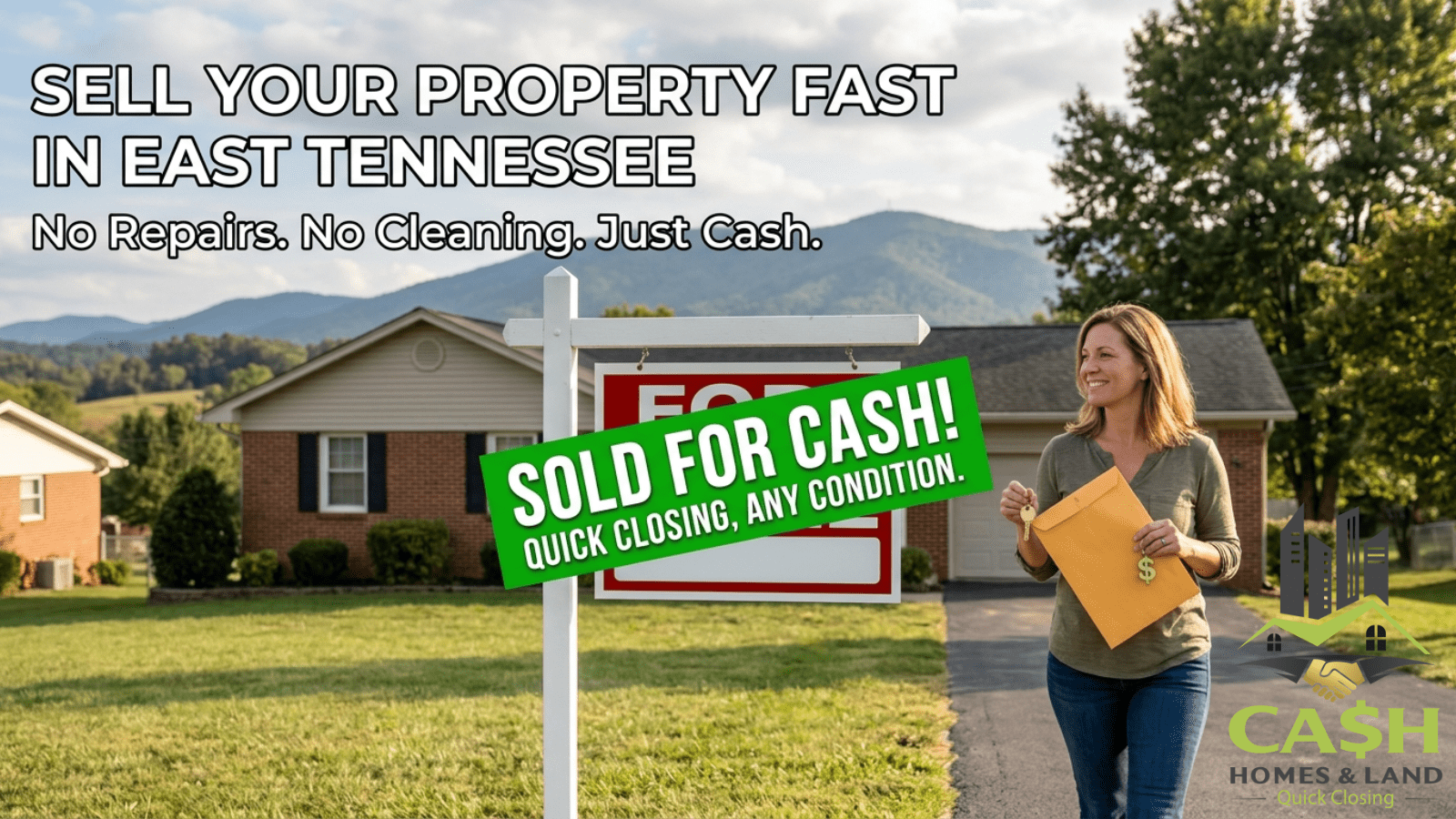 A suburban home in East Tennessee with a green "SOLD FOR CASH!" sign in the front yard. A smiling woman walks down the driveway holding house keys and a settlement envelope, with the Great Smoky Mountains in the background.