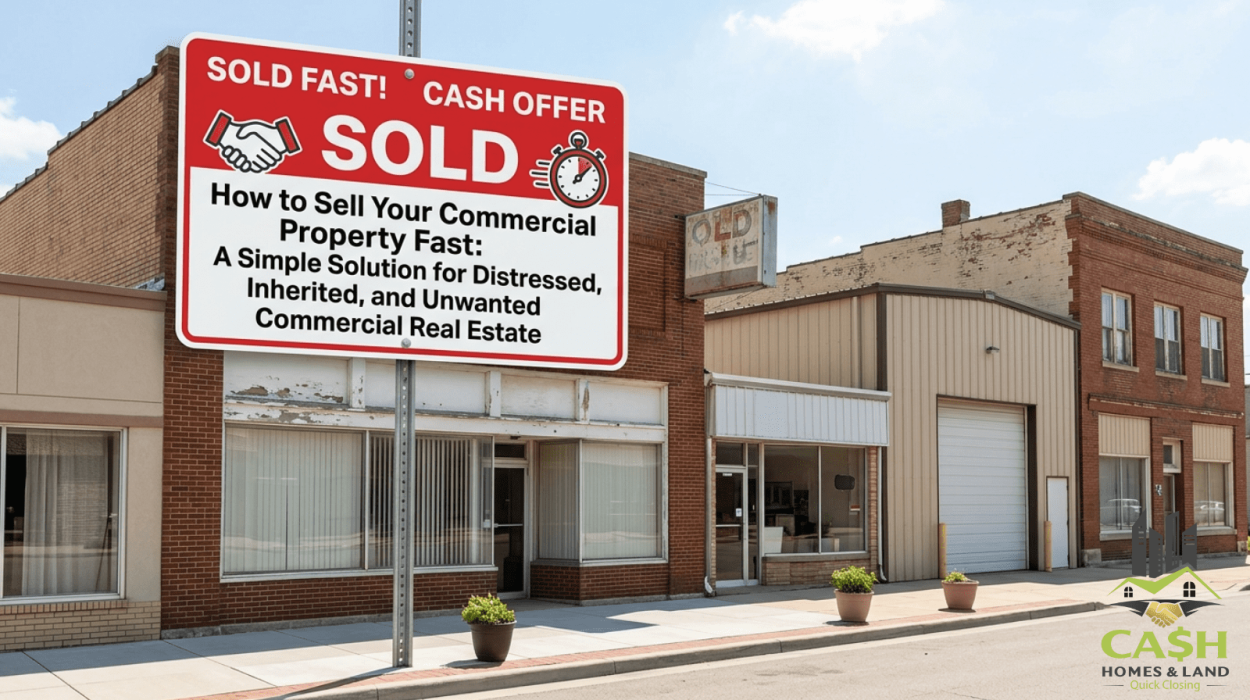 Street view of older commercial buildings with a prominent red and white sign reading "Sold Fast! Cash Offer" and the blog title "How to Sell Your Commercial Property Fast.