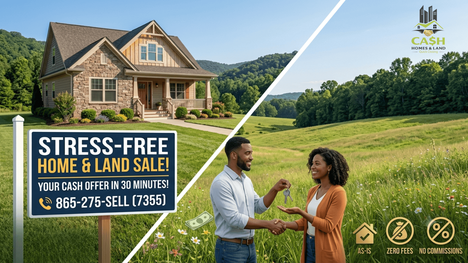 A real estate graphic showing a beautiful East Tennessee home and vacant land plot, with a couple shaking hands over a successful cash home sale by Cash Homes & Land.